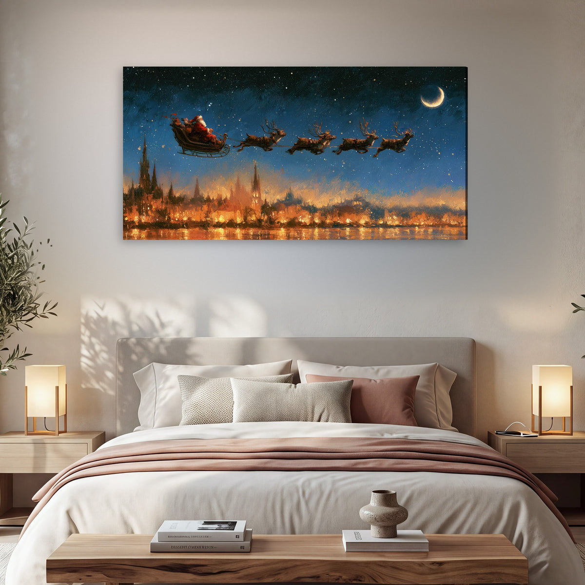 Santa sleigh starry night painting canvas wall art in a bedroom above the bed