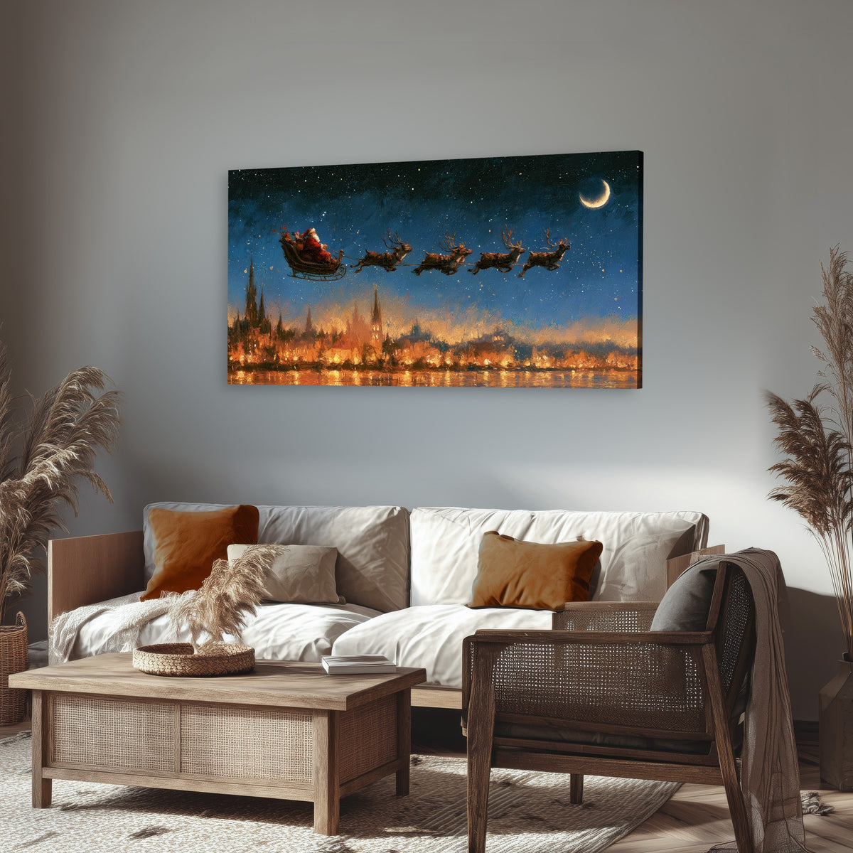 Santa sleigh starry night painting canvas wall art in a rustic living room