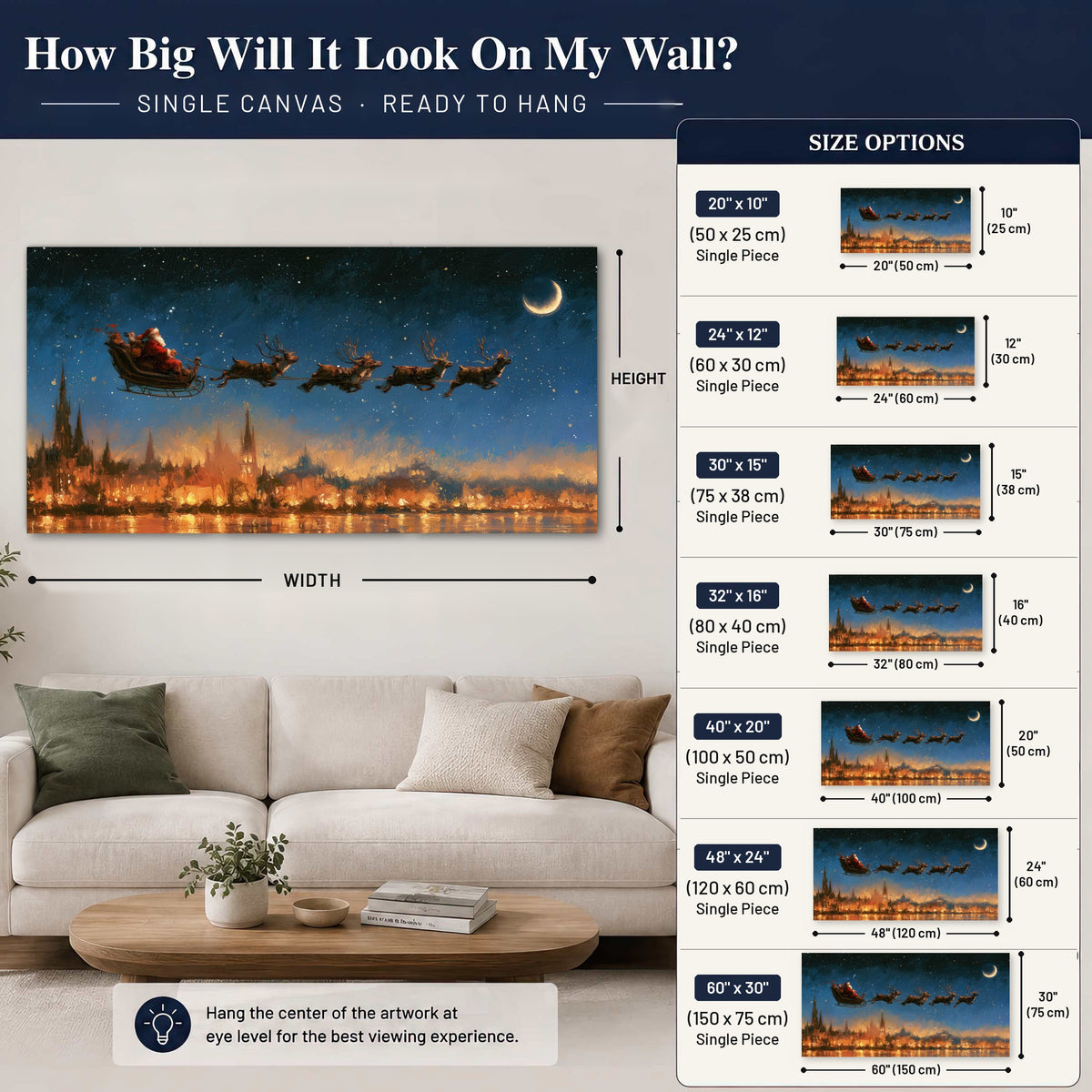 Santa sleigh starry night painting canvas wall art size guide above a sofa