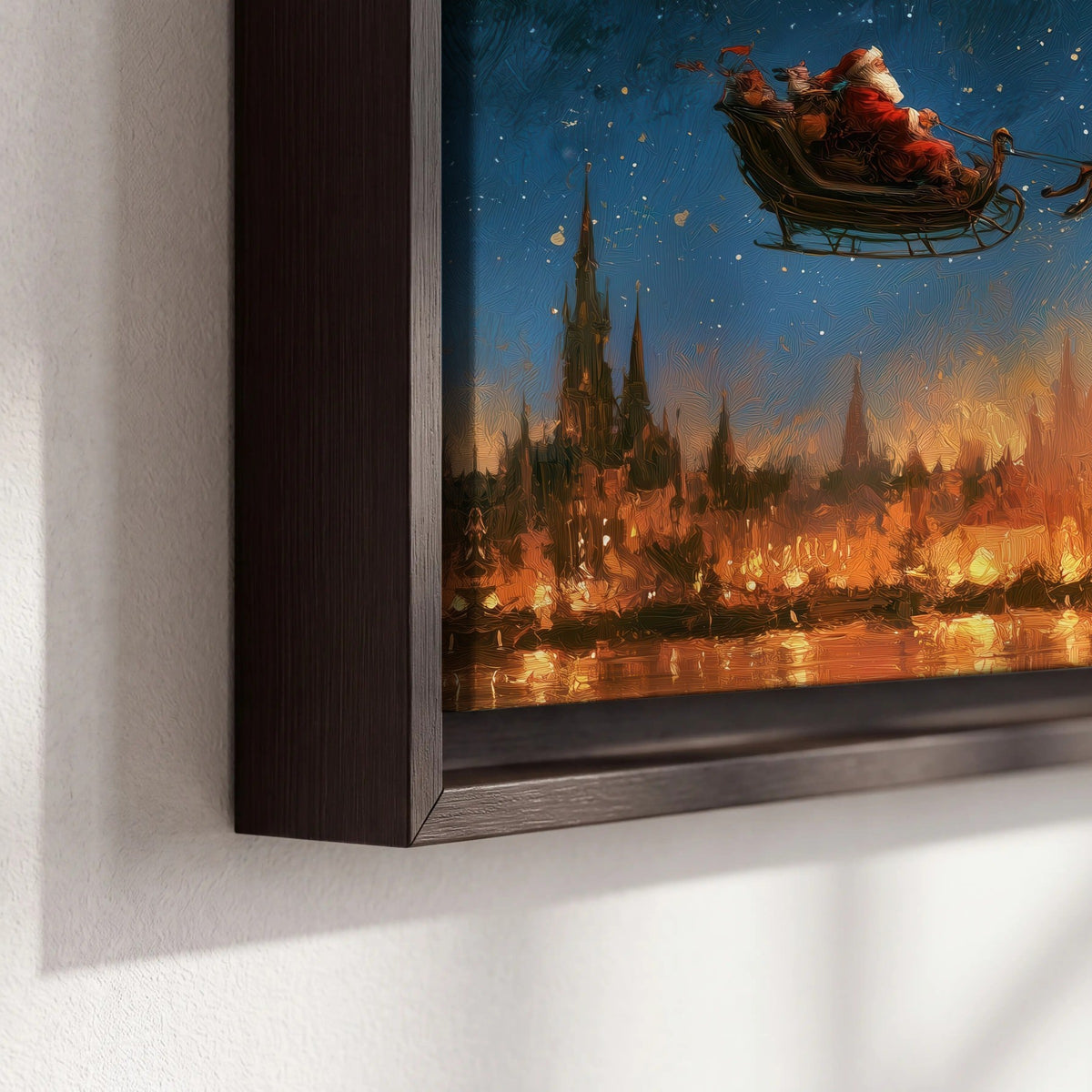 Santa sleigh starry night painting framed canvas close-up showing the floating frame