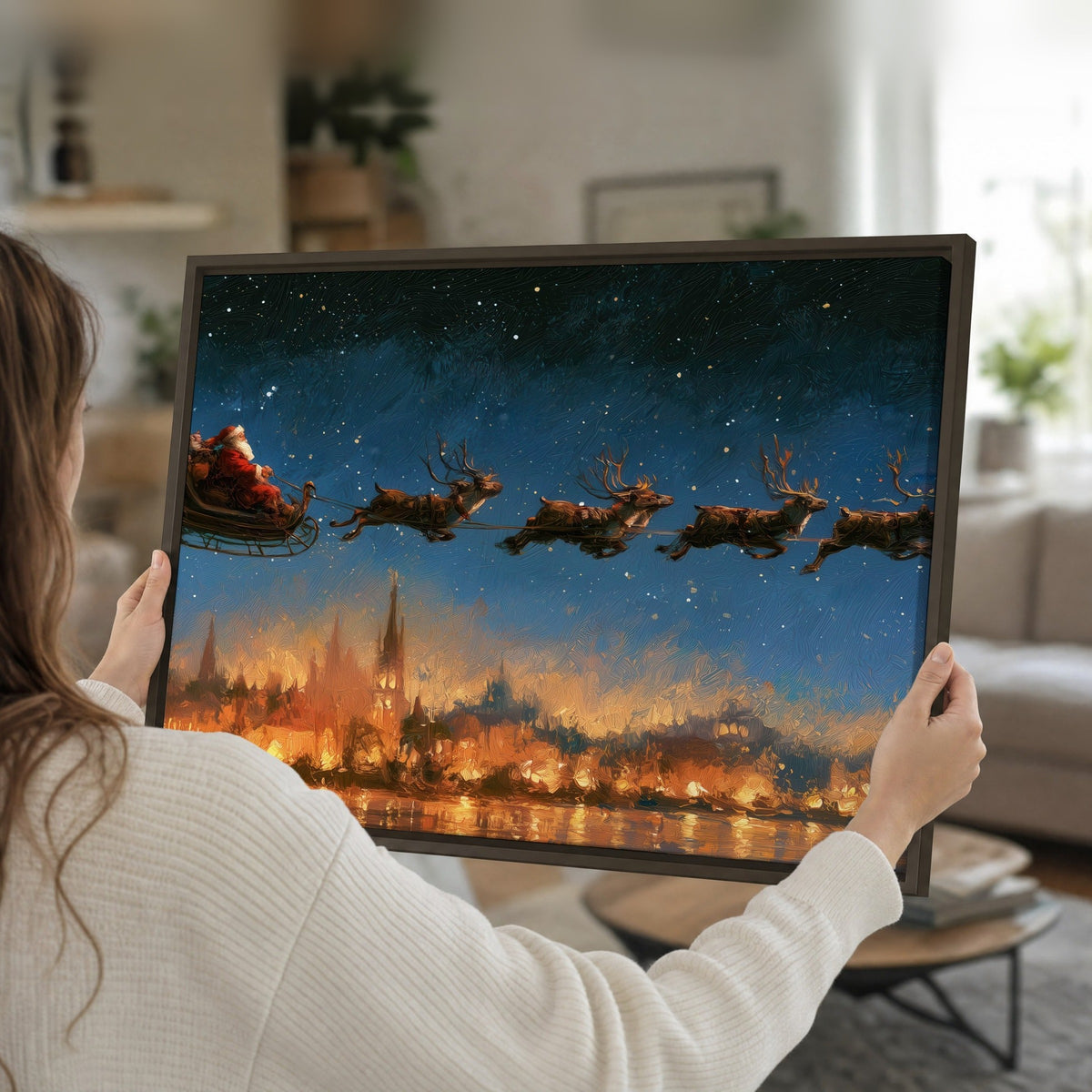 Santa sleigh starry night painting framed canvas held in hands