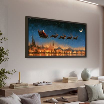 Santa sleigh starry night painting framed canvas wall art in a living room above a console