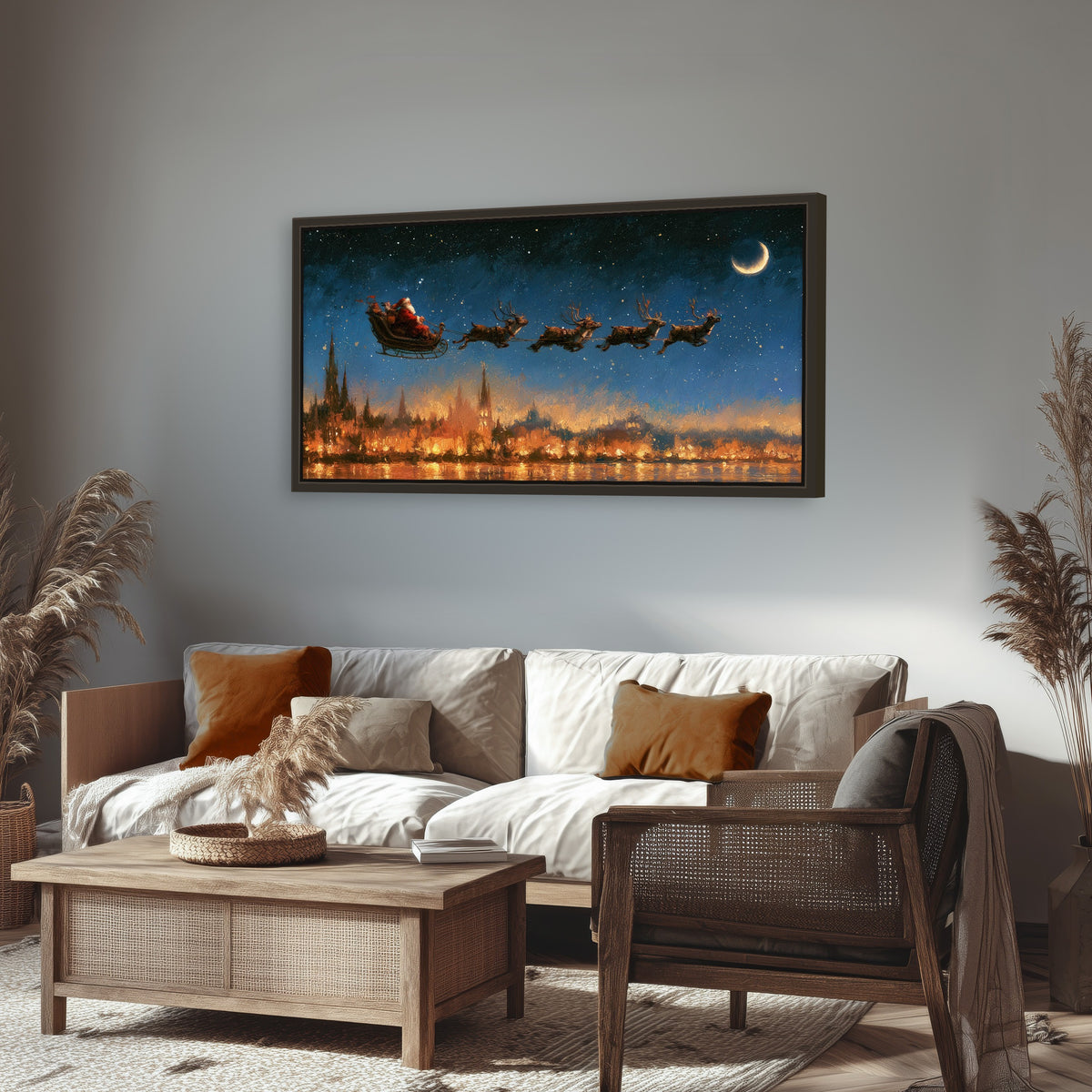 Santa sleigh starry night painting framed canvas wall art in a rustic living room