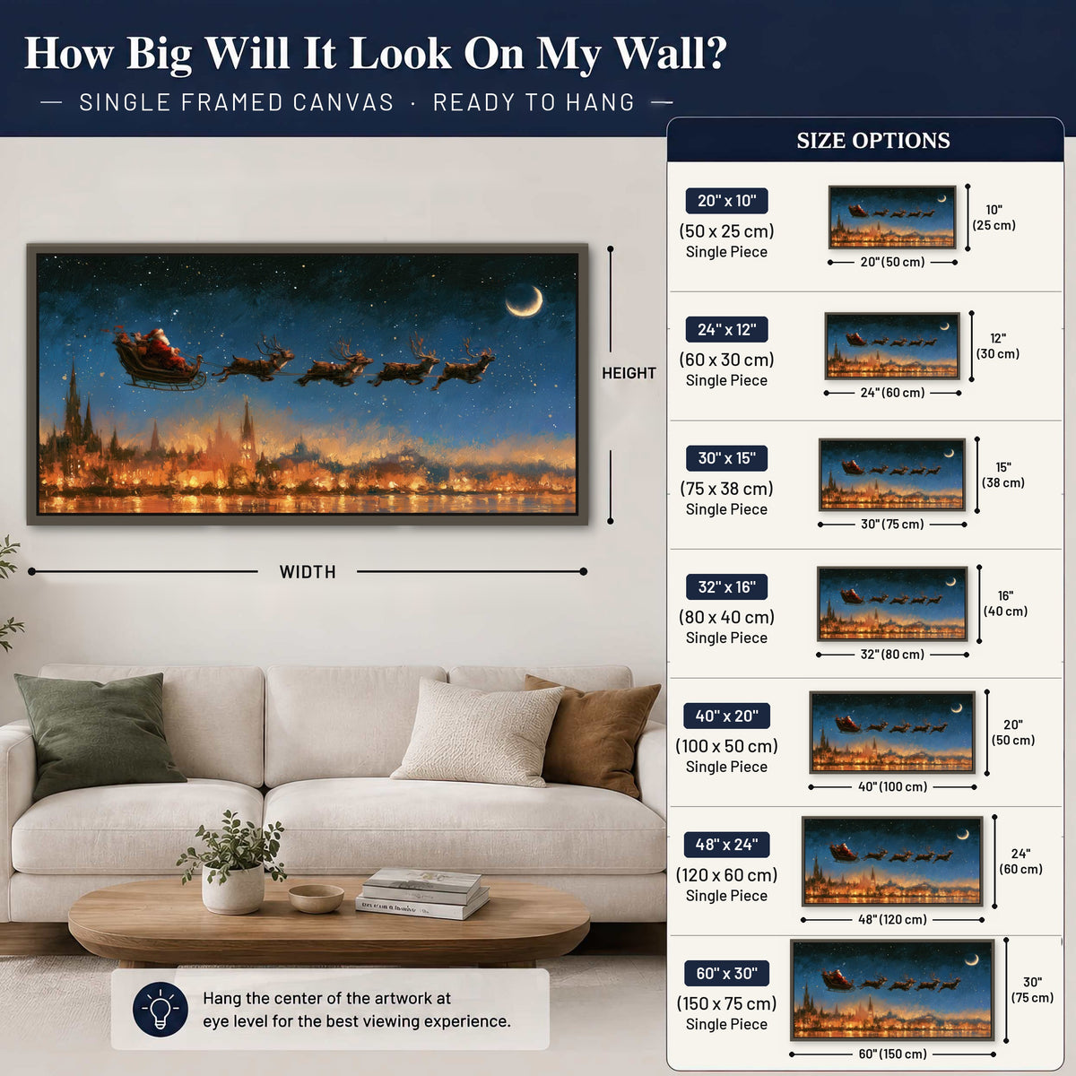 Santa sleigh starry night painting framed canvas wall art size guide above a sofa