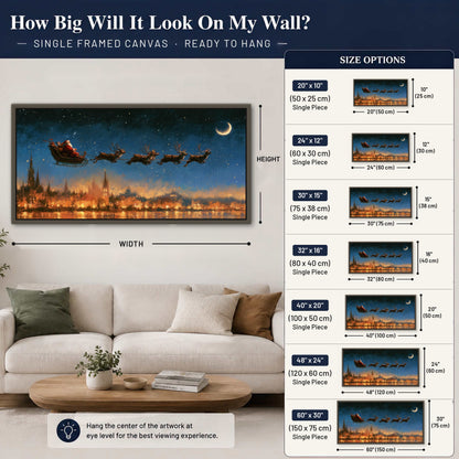 Santa sleigh starry night painting framed canvas wall art size guide above a sofa