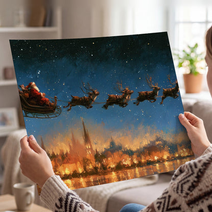 Santa sleigh starry night painting poster print held in hands