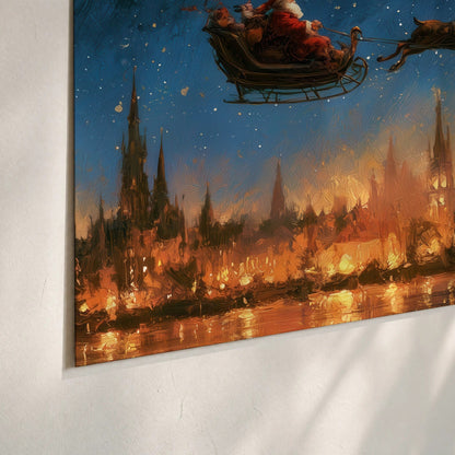 Santa sleigh starry night painting poster print close-up on matte paper