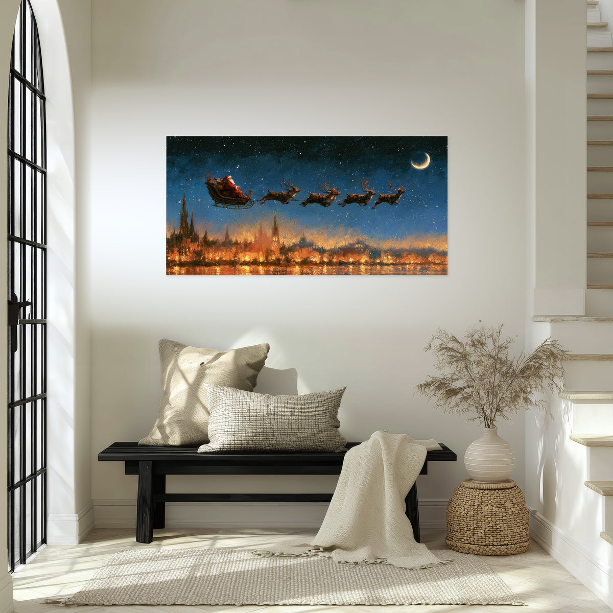 Santa sleigh starry night painting poster print in an entryway above a bench