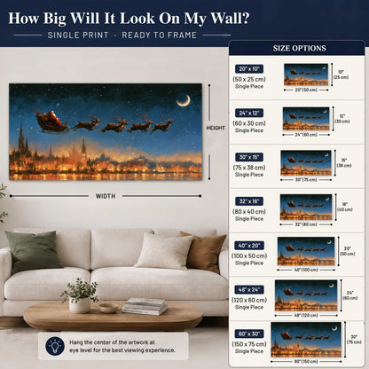 Santa sleigh starry night painting poster print size guide above a sofa