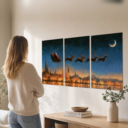 Santa sleigh starry night painting set of 3 poster prints in a living room