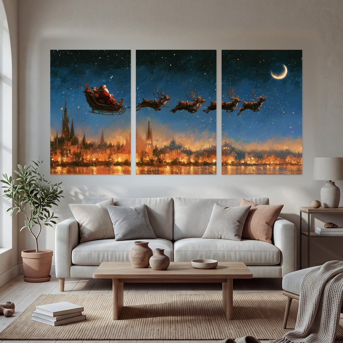 Santa sleigh starry night painting set of 3 poster prints in a bright living room