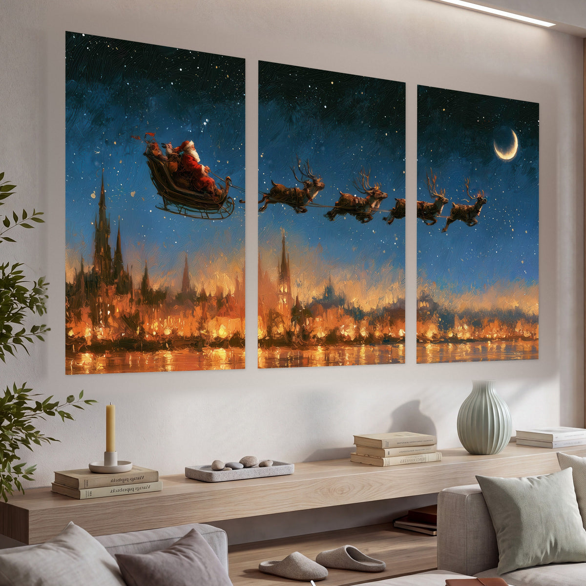 Santa sleigh starry night painting set of 3 poster prints in a living room above a console