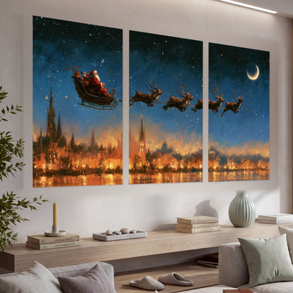 Santa sleigh starry night painting set of 3 poster prints in a living room above a console