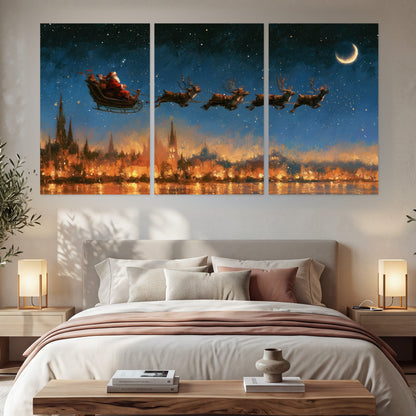Santa sleigh starry night painting set of 3 poster prints in a bedroom above the bed