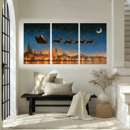 Santa sleigh starry night painting set of 3 poster prints in an entryway above a bench