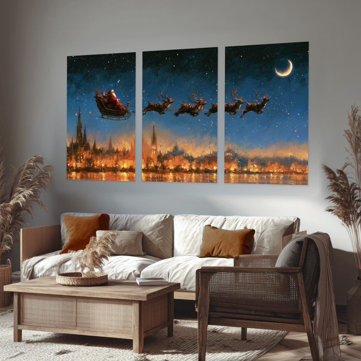 Santa sleigh starry night painting set of 3 poster prints in a rustic living room