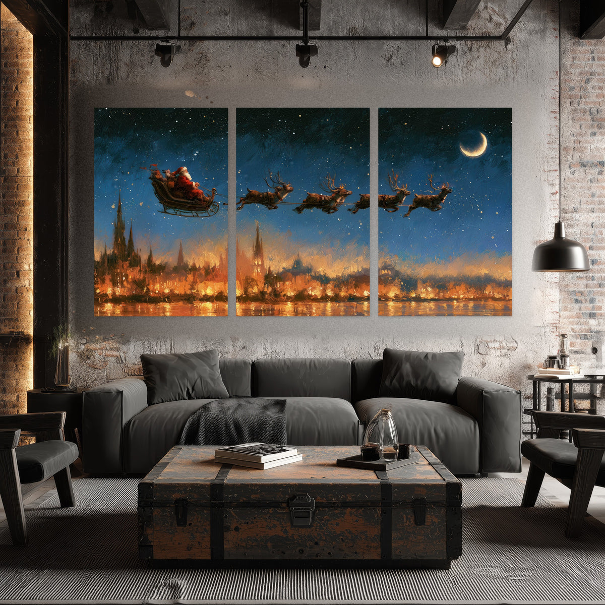Santa sleigh starry night painting set of 3 poster prints in an industrial loft