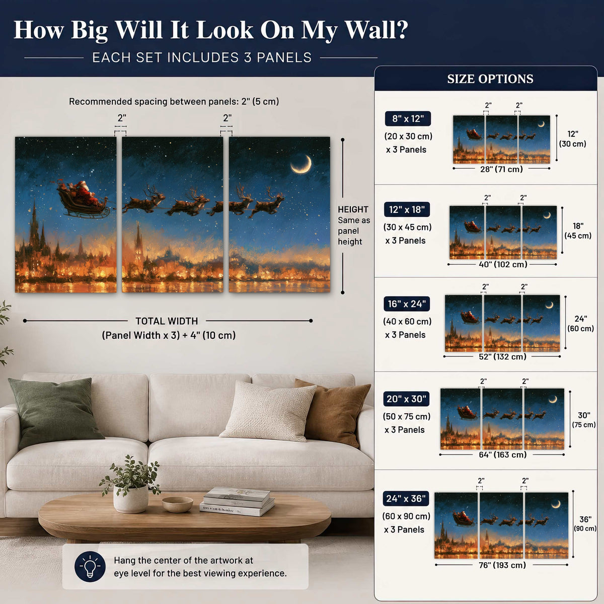 Santa sleigh starry night painting set of 3 poster prints size guide above a sofa