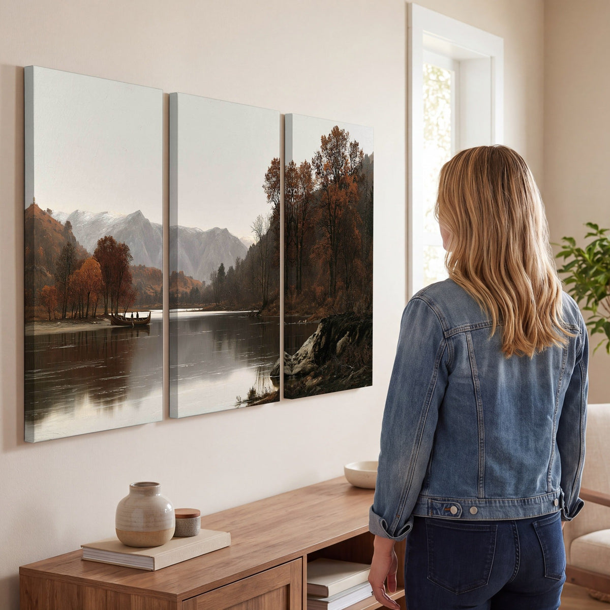 Autumn mountain lake rowboat painting 3 piece canvas wall art in a living room