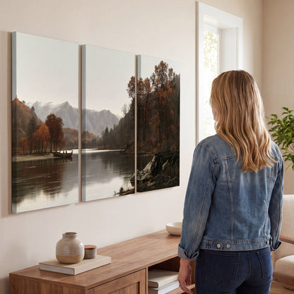 Autumn mountain lake rowboat painting 3 piece canvas wall art in a living room