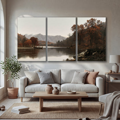 Autumn mountain lake rowboat painting 3 piece canvas wall art in a bright living room