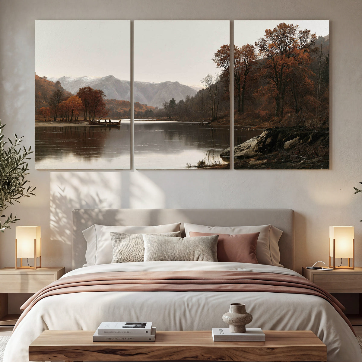 Autumn mountain lake rowboat painting 3 piece canvas wall art in a bedroom above the bed