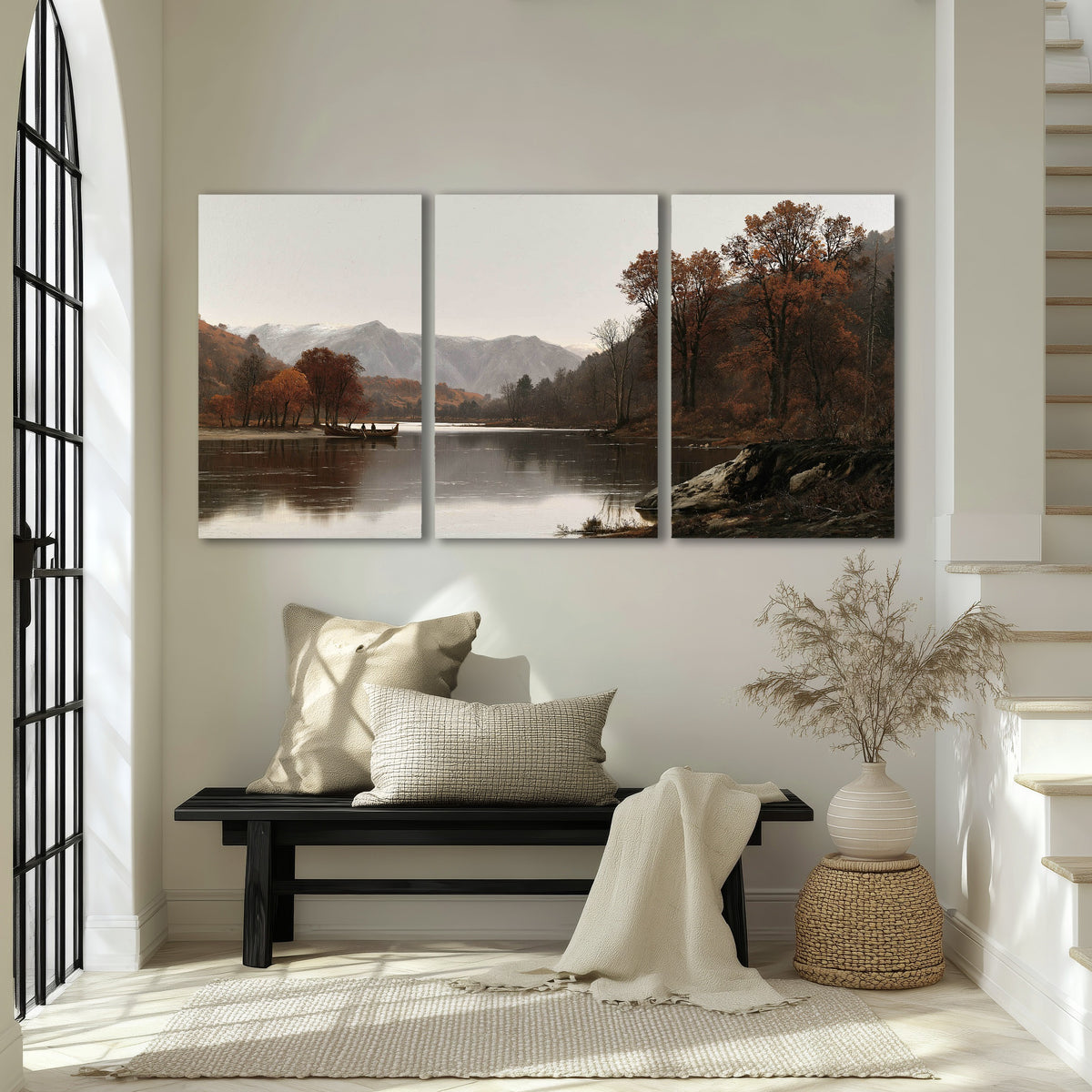 Autumn mountain lake rowboat painting 3 piece canvas wall art in an entryway above a bench