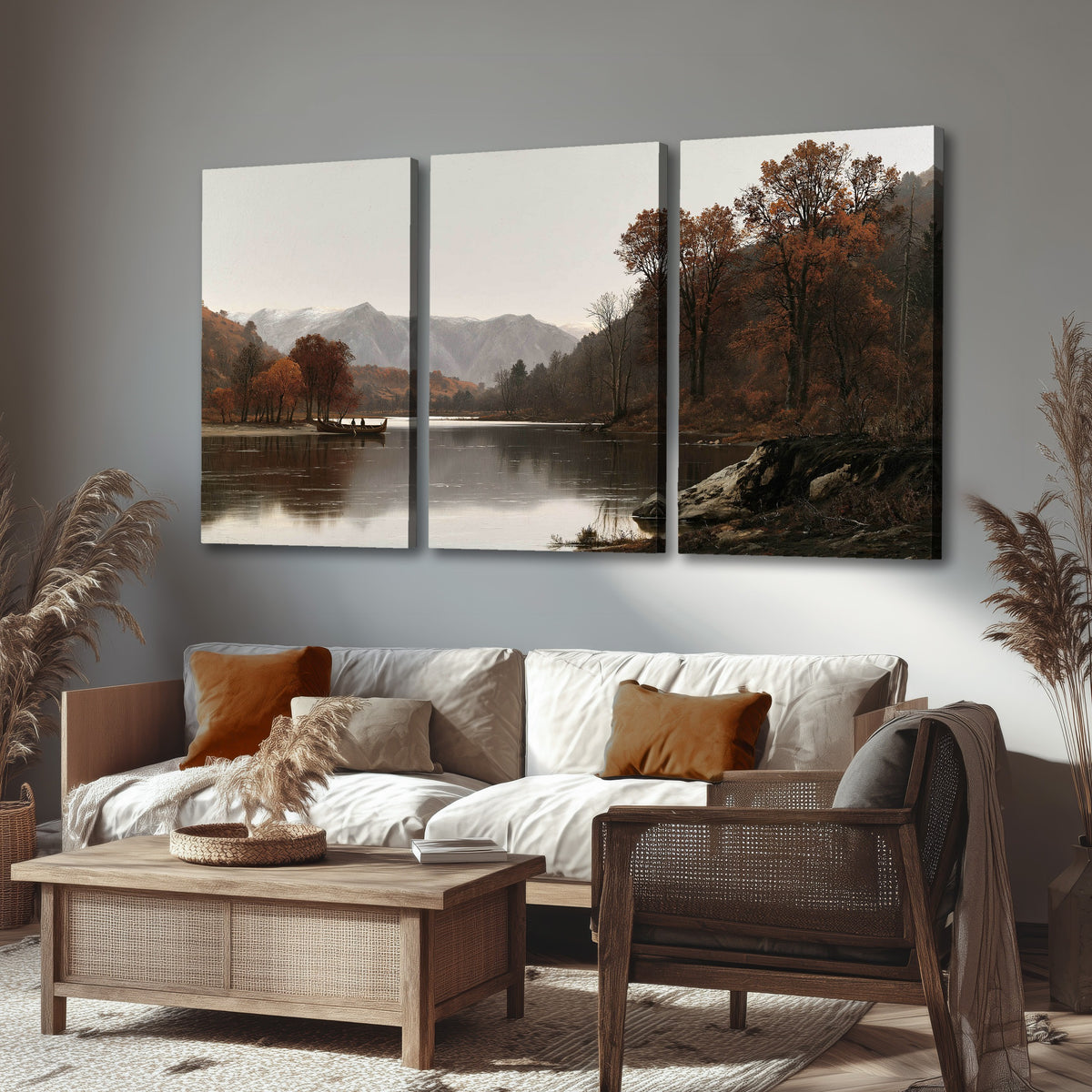 Autumn mountain lake rowboat painting 3 piece canvas wall art in a rustic living room