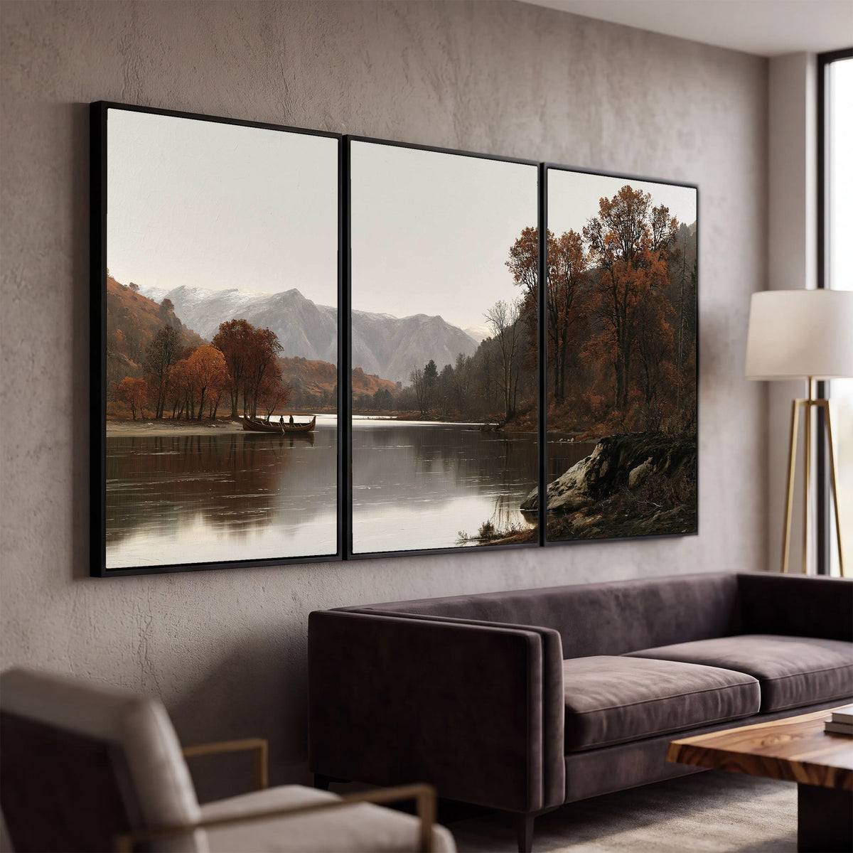 Autumn mountain lake rowboat painting 3 piece canvas wall art in a modern living room