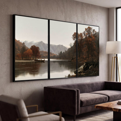 Autumn mountain lake rowboat painting 3 piece canvas wall art in a modern living room