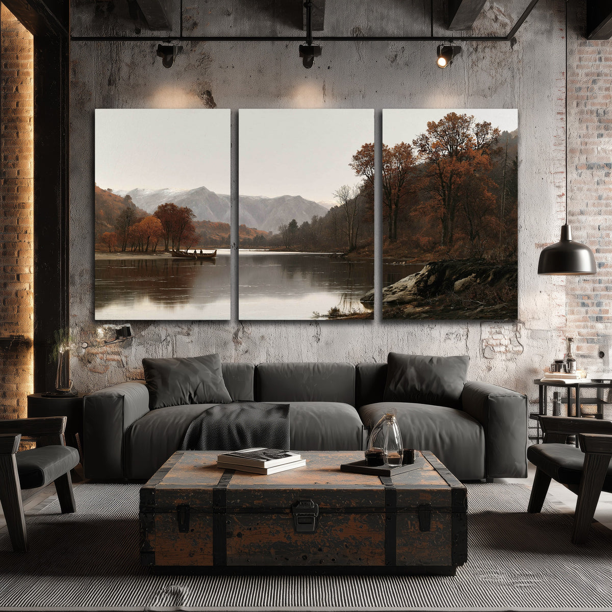 Autumn mountain lake rowboat painting 3 piece canvas wall art in an industrial loft