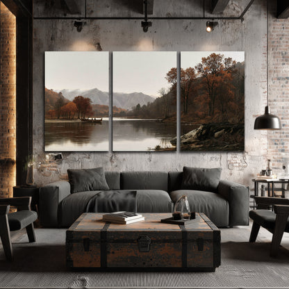 Autumn mountain lake rowboat painting 3 piece canvas wall art in an industrial loft