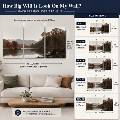 Autumn mountain lake rowboat painting 3 piece canvas wall art size guide above a sofa