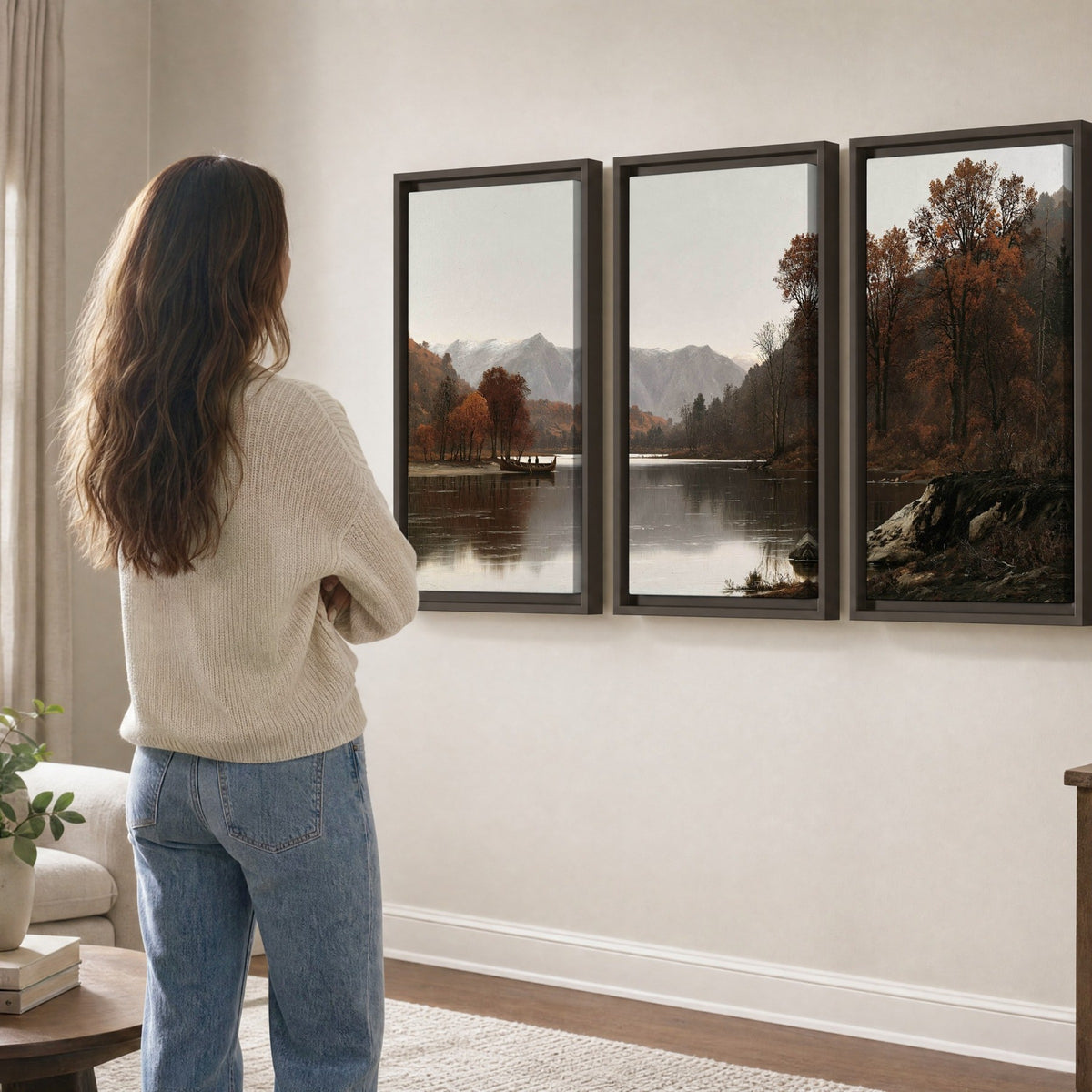 Autumn mountain lake rowboat painting 3 piece framed canvas in a living room
