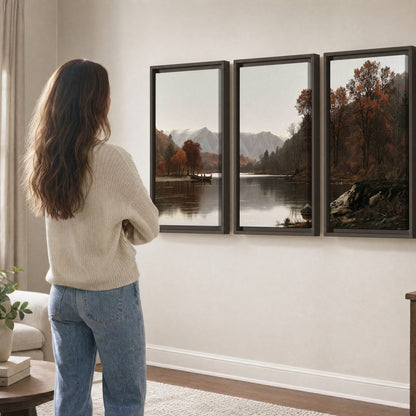 Autumn mountain lake rowboat painting 3 piece framed canvas in a living room