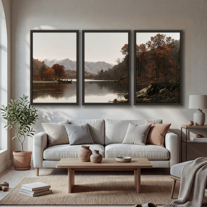 Autumn mountain lake rowboat painting 3 piece framed canvas in a bright living room