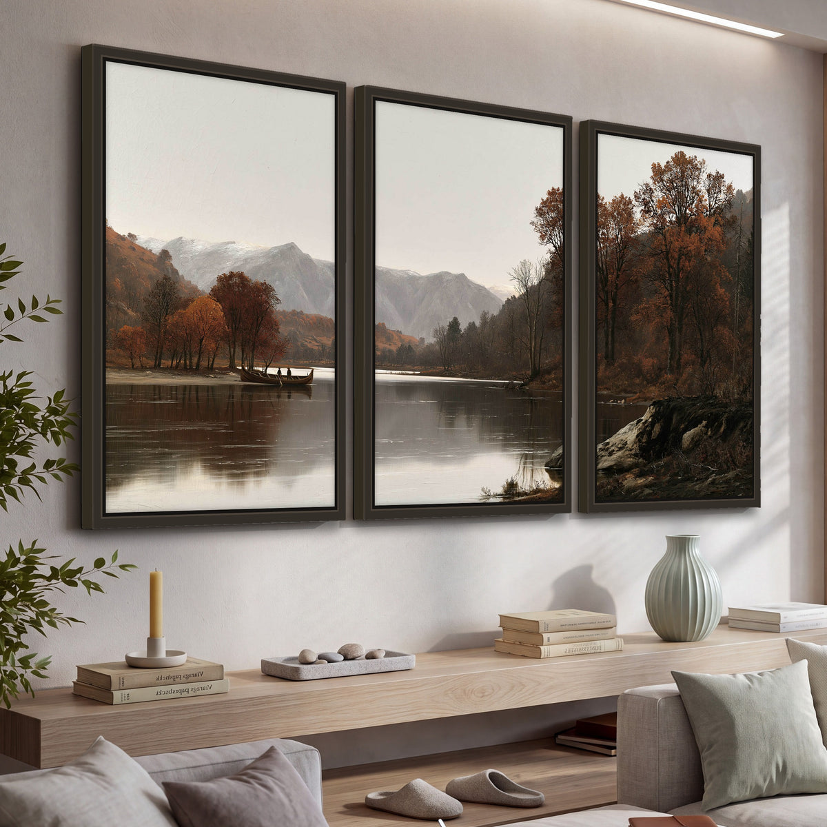 Autumn mountain lake rowboat painting 3 piece framed canvas in a living room above a console