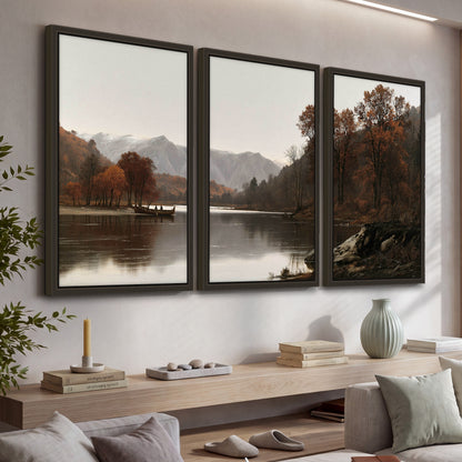 Autumn mountain lake rowboat painting 3 piece framed canvas in a living room above a console