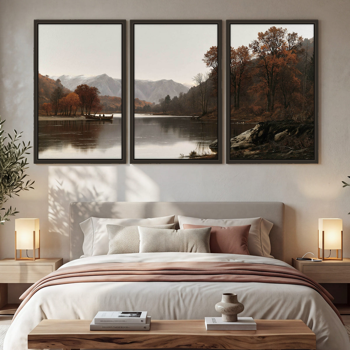 Autumn mountain lake rowboat painting 3 piece framed canvas in a bedroom above the bed