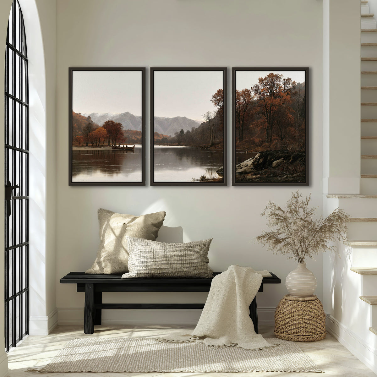 Autumn mountain lake rowboat painting 3 piece framed canvas in an entryway above a bench