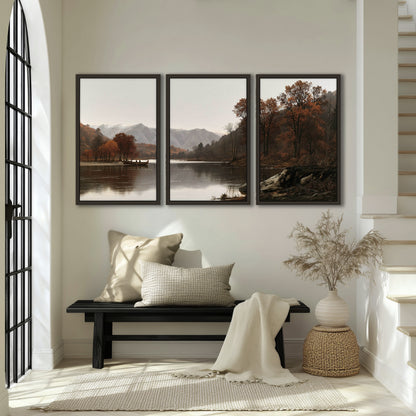 Autumn mountain lake rowboat painting 3 piece framed canvas in an entryway above a bench