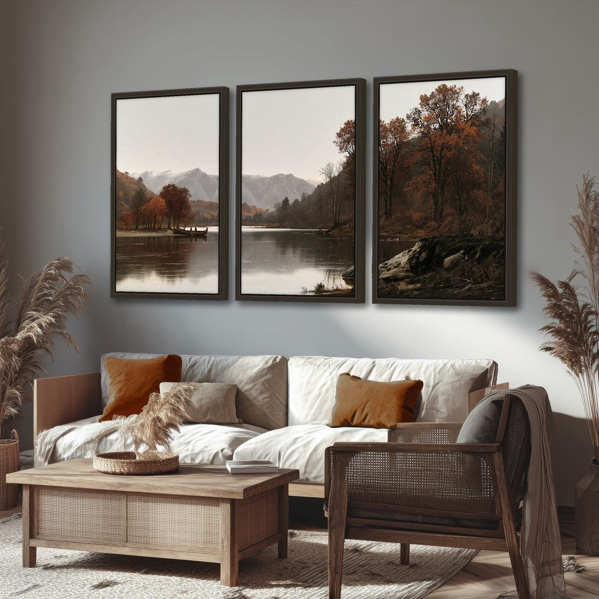 Autumn mountain lake rowboat painting 3 piece framed canvas in a rustic living room