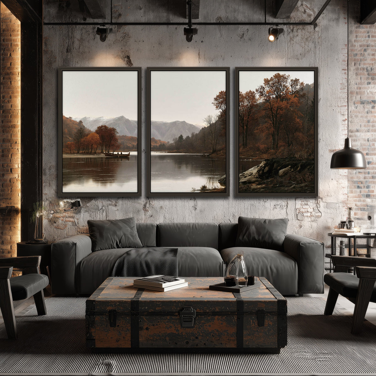 Autumn mountain lake rowboat painting 3 piece framed canvas in an industrial loft