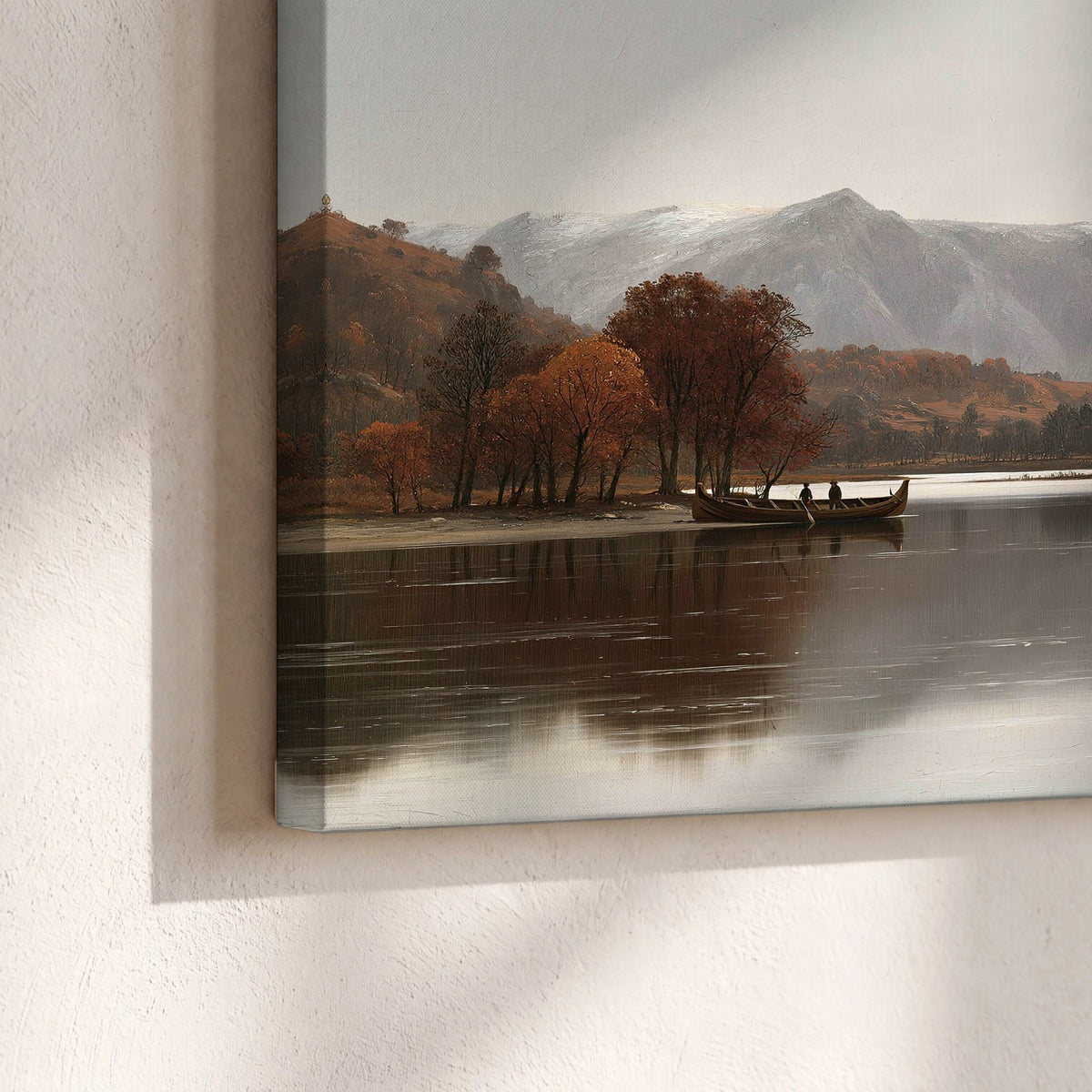 Autumn mountain lake rowboat painting canvas print close-up showing the gallery-wrapped edge