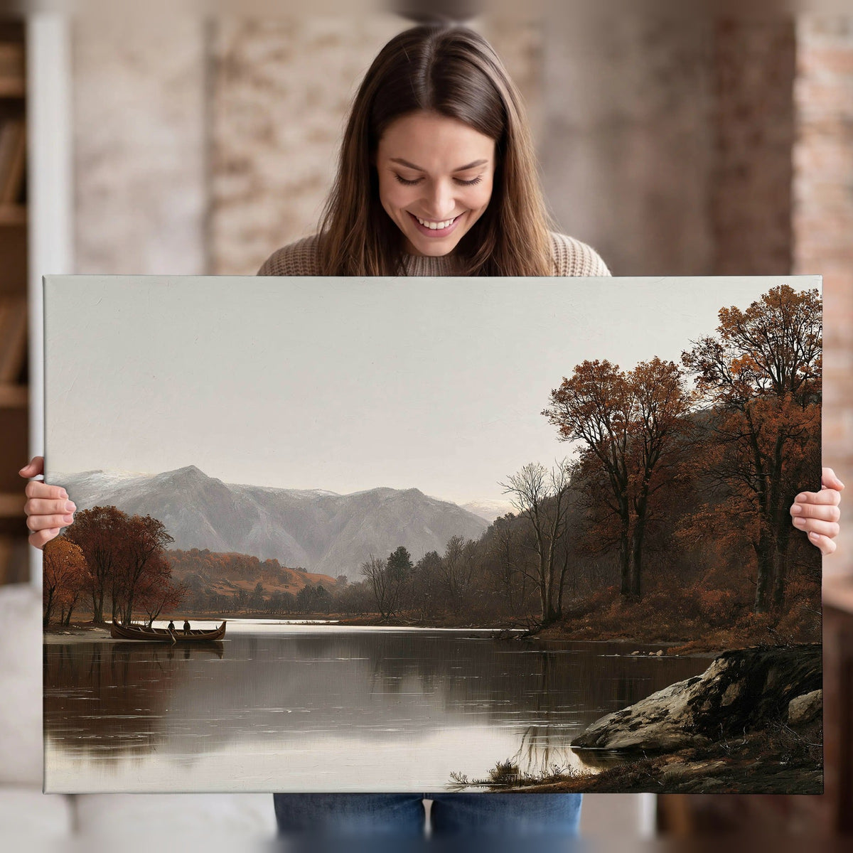 Autumn mountain lake rowboat painting canvas wall art held in hands