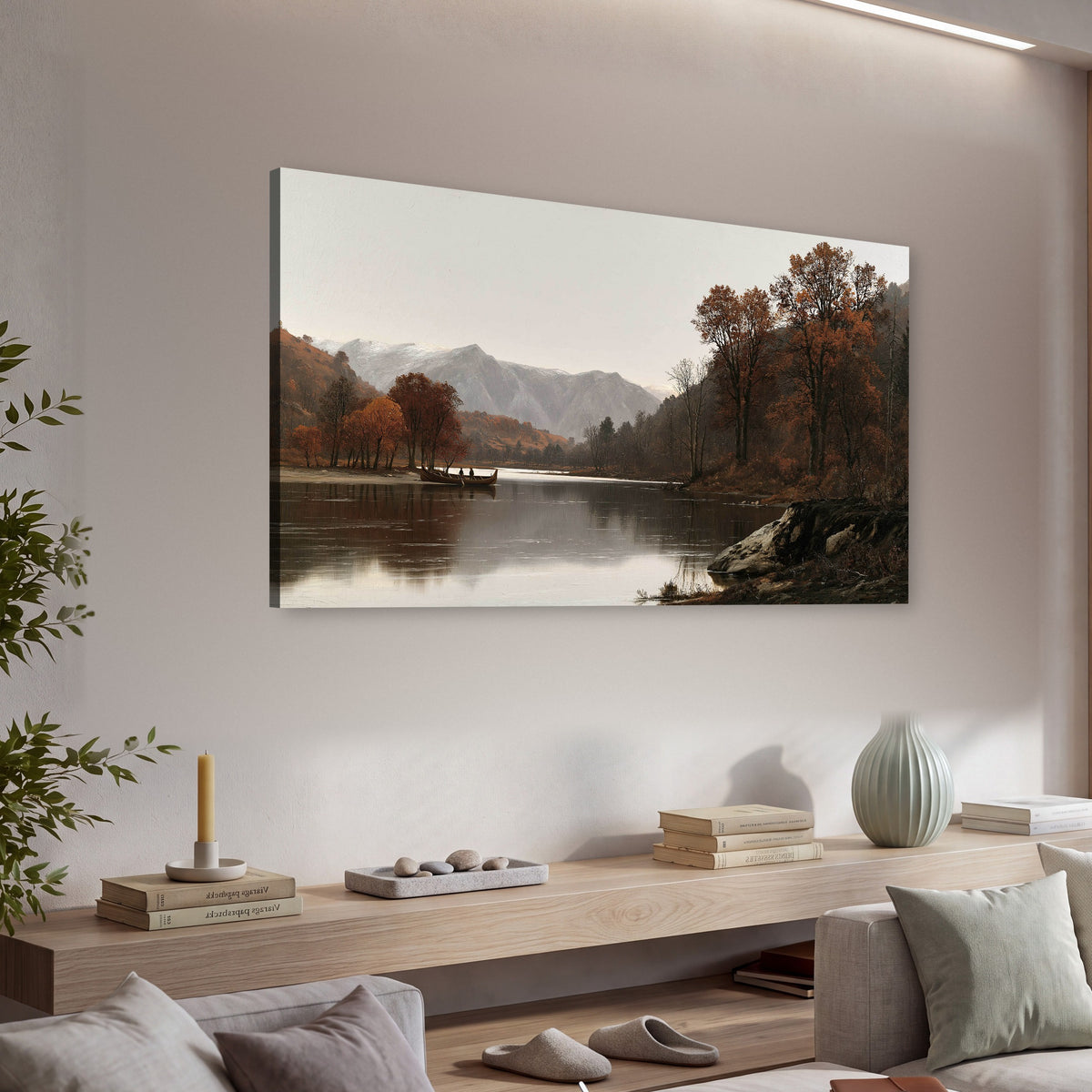 Autumn mountain lake rowboat painting canvas wall art in a living room above a console