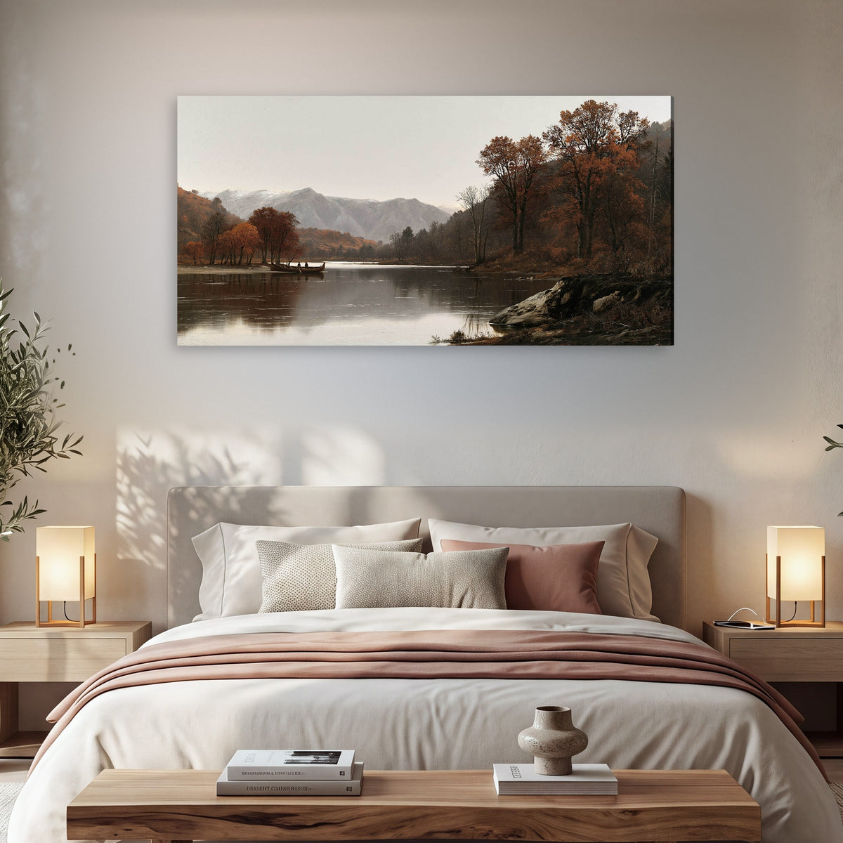 Autumn mountain lake rowboat painting canvas wall art in a bedroom above the bed