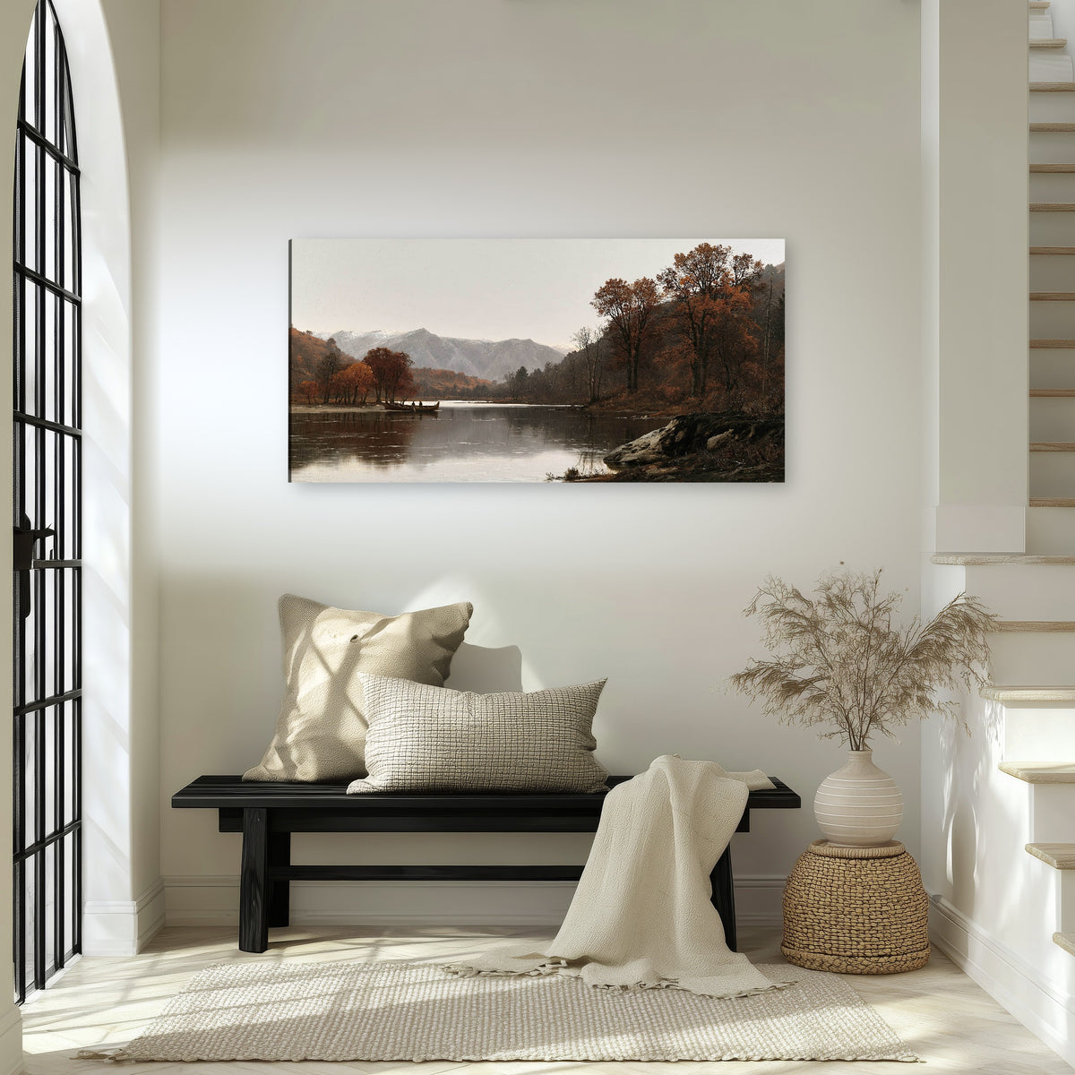 Autumn mountain lake rowboat painting canvas wall art in an entryway above a bench