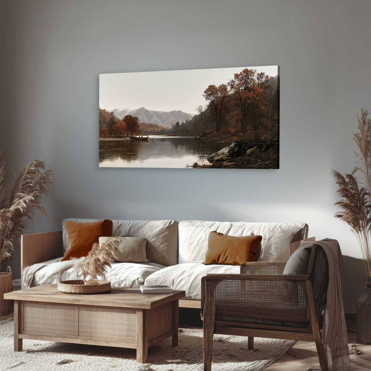 Autumn mountain lake rowboat painting canvas wall art in a rustic living room