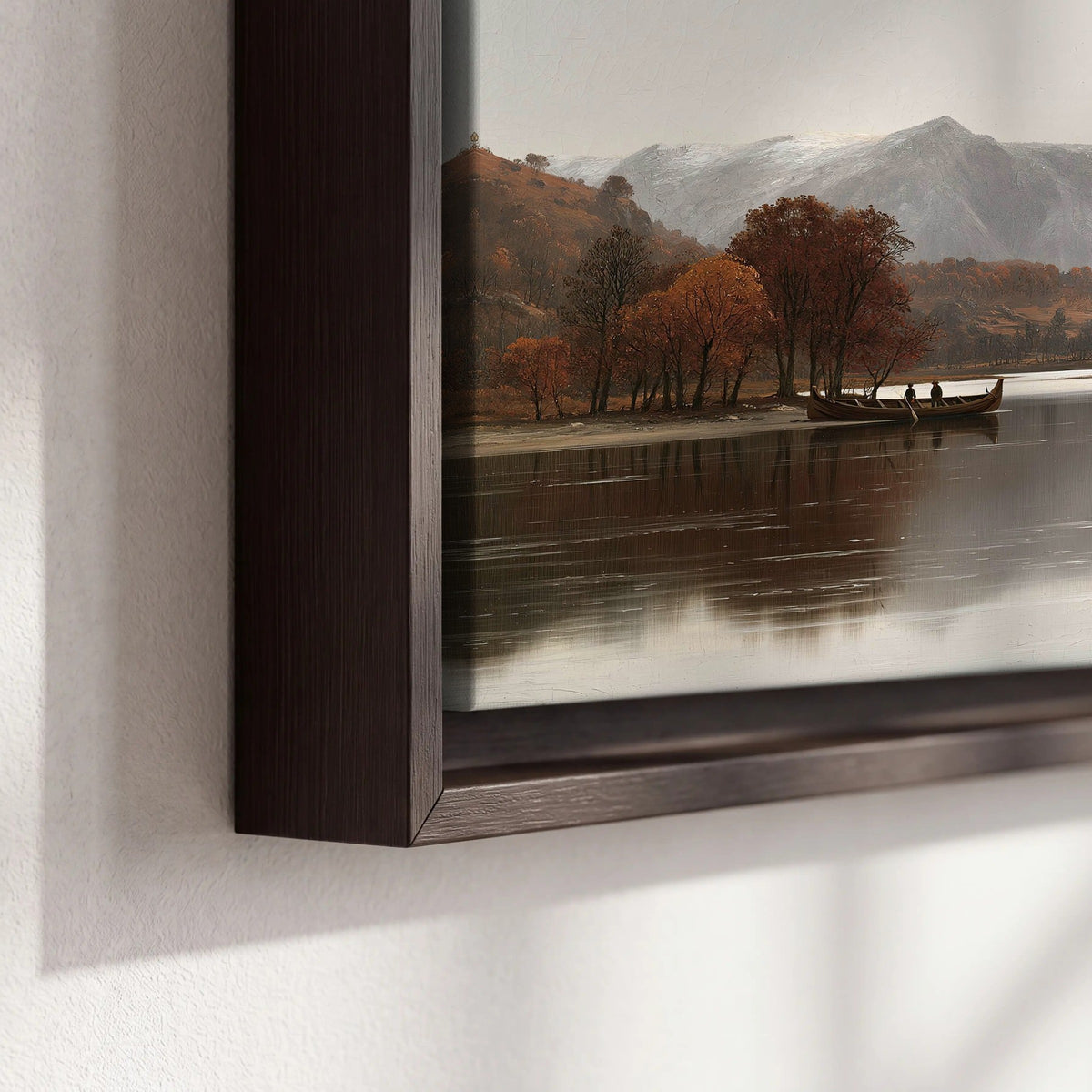 Autumn mountain lake rowboat painting framed canvas close-up showing the floating frame